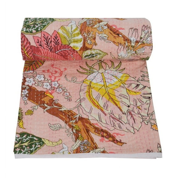 Hand Block Print Indian Kantha Quilt Kantha Bedspread Blanket Cotton Throw Single Size Bedding