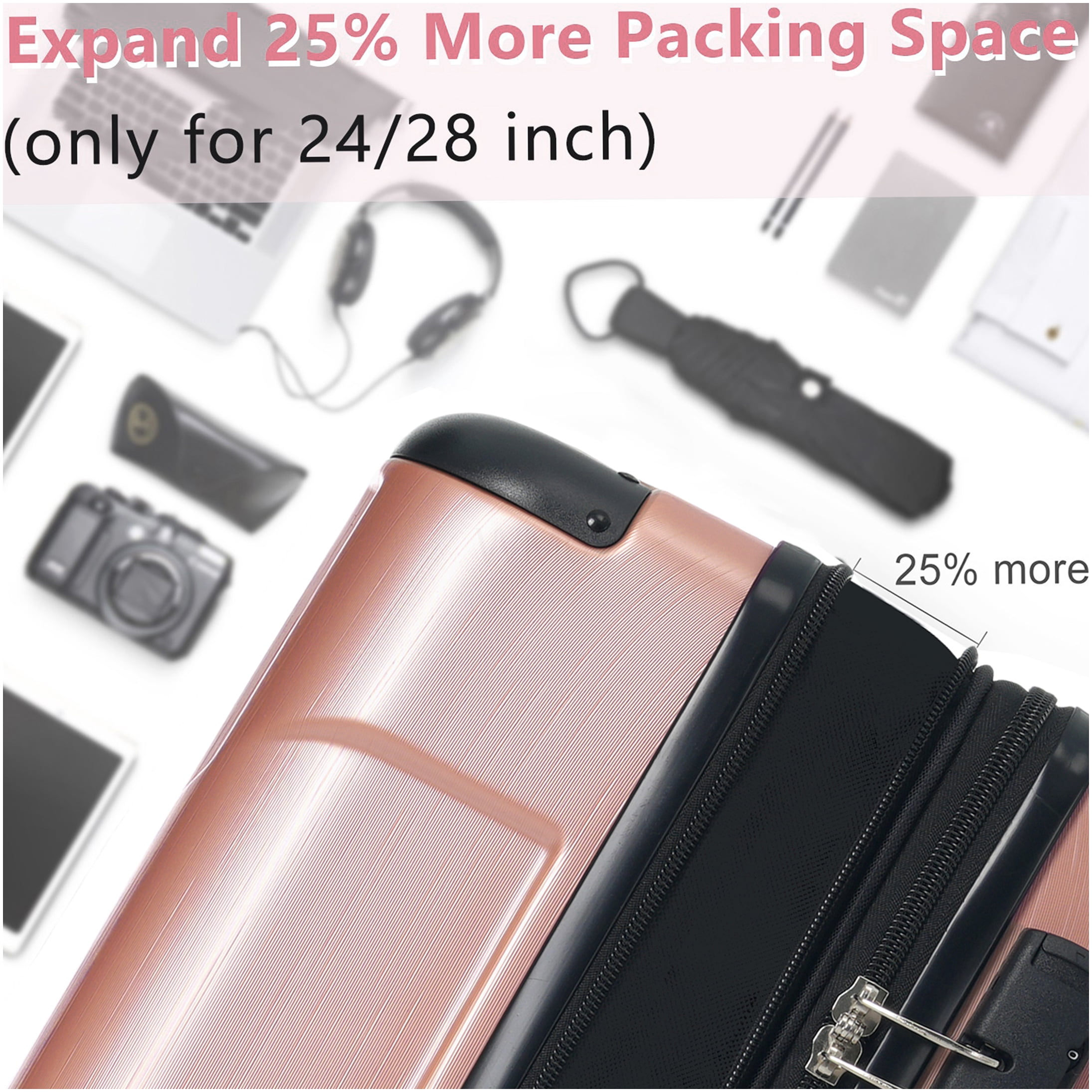 24" Rose Pink ABS Hardshell Suitcase, Expandable Checked Luggage with TSA Lock & 8 Spinner Wheels
