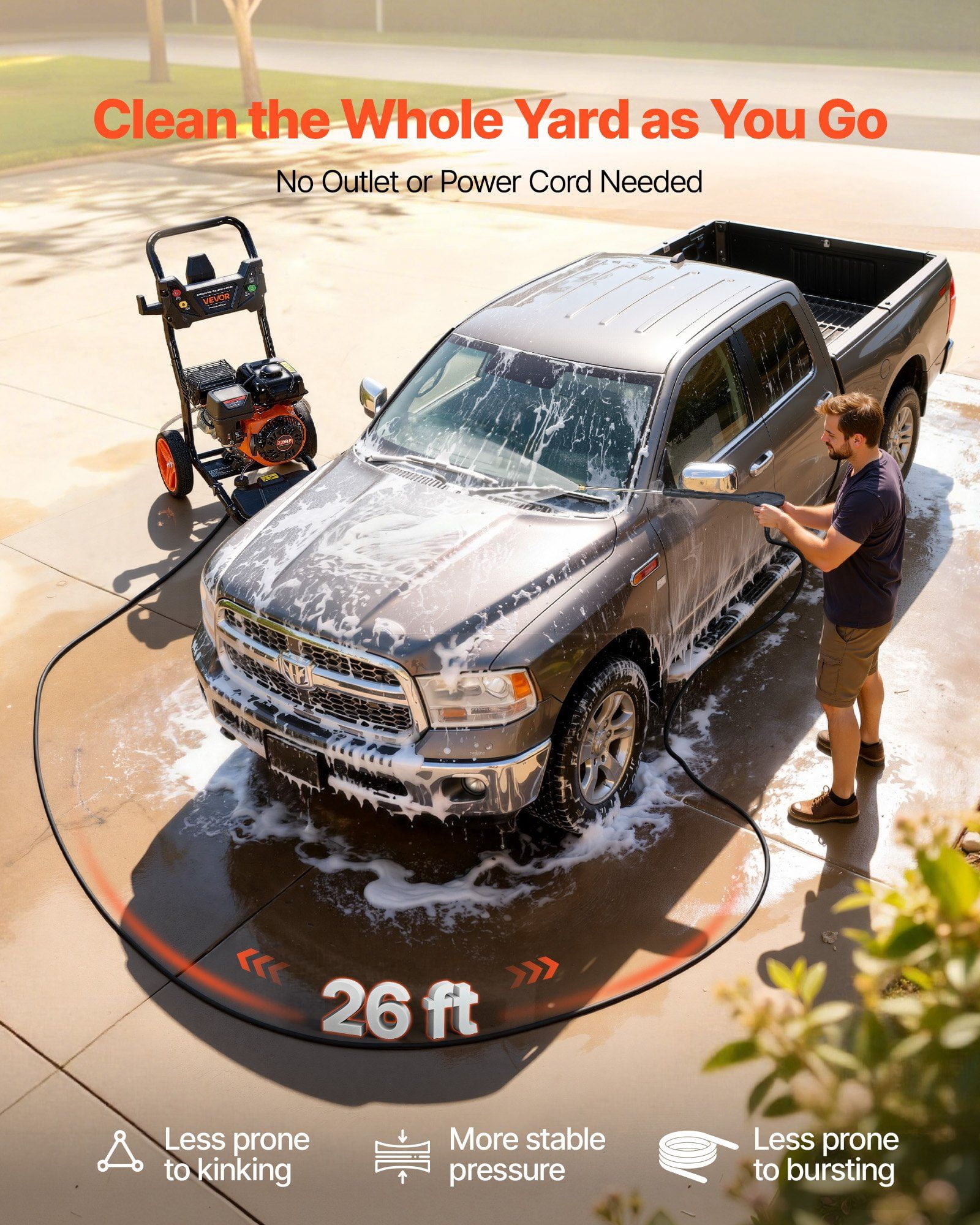 Gas Pressure Washer 3600 PSI 2.6 GPM, Full Copper Pump, 26 ft Hose, 5 Nozzles