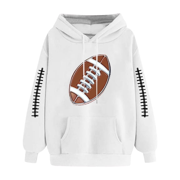 Dagegui Football Sweatshirts for Women Funny Graphic Print Hoodies with Pocket Casual Long Sleeve Pullover Tops Fall Winter Trendy Clothes White S