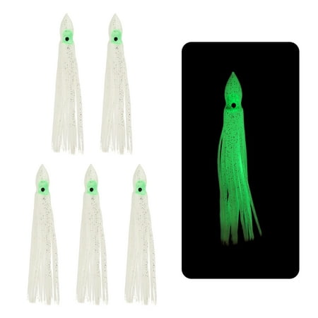 Fishing Squid Skirts Glow Soft Plastic Trolling Lures Fit for Bass Trout Salmon Saltwater Fishing Bait White 5 Inch