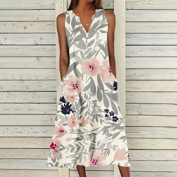 DailyTrove Women's Floral Print Fit & Flare Dress, Sleeveless, Casual Garden & Picnic Wear, Lightweight Cotton Blend, Ruffled Hem