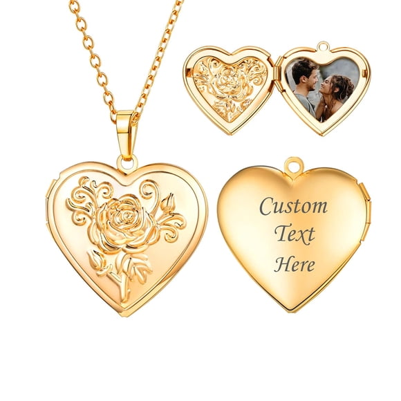 Collar U7 con colgante con forma de corazón con forma de medallón con foto, chapado en oro de 18 quilates