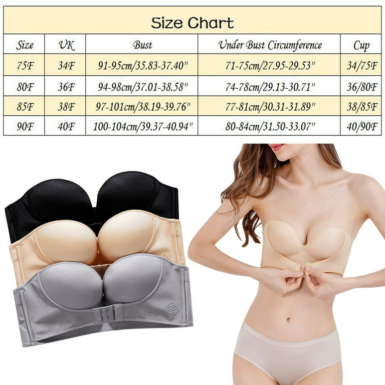 Womens 2PCS Solid Color Strapless Non Slip Adjustment Rimless Dress Bra F  Cup Beige+Gray 