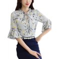 thumbnail image 3 of Women Casual V Neck Floral Chiffon Blouse Loose Ruffle Sleeve T Shirt Tops, 3 of 5