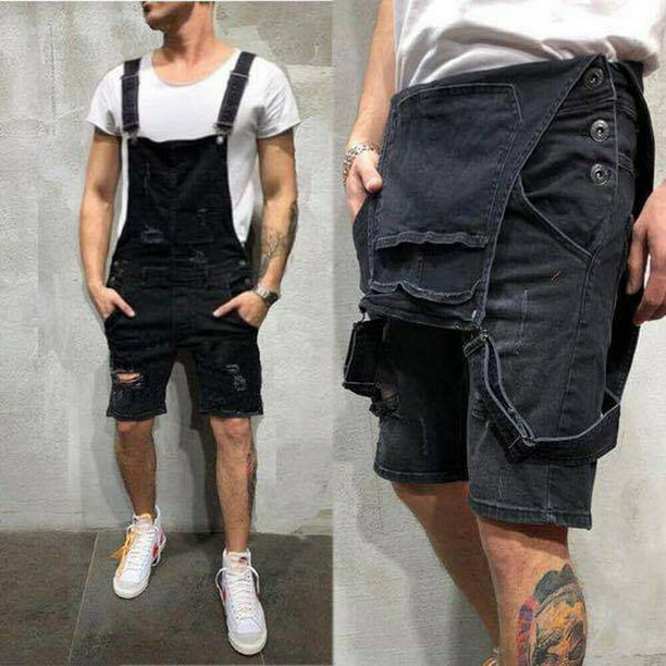 Sunloudy Pantalones de mezclilla para hombre, mono ajustado con bolsillos destruidos y correas ajustables, mono de pantalones cortos de moda salvaje Sunloudy S M L XL XXL