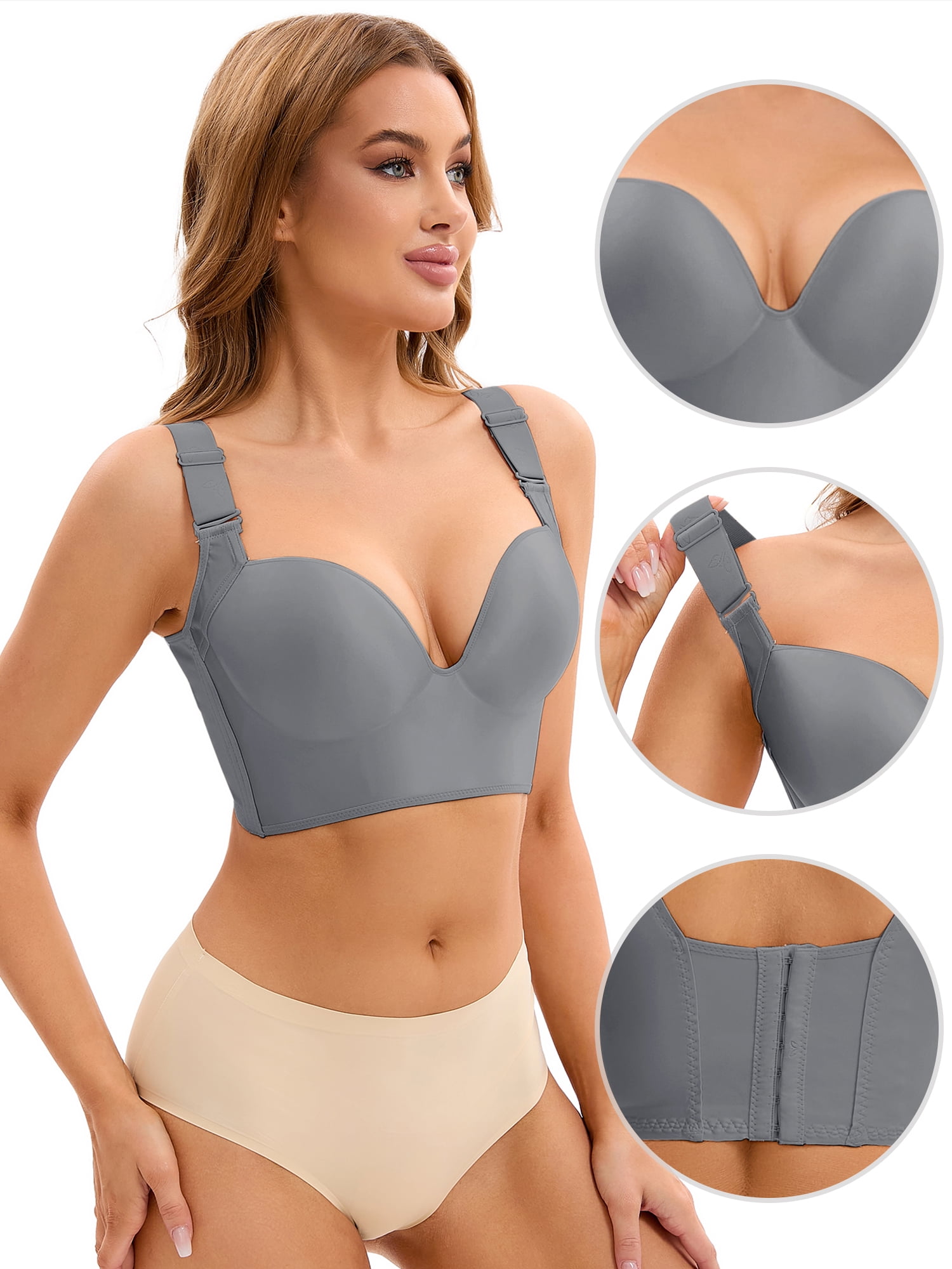 Unique Bargains Women's Push Up Tummy Control 6 Hooks Wirefree Convertible Bras C 40 Grey