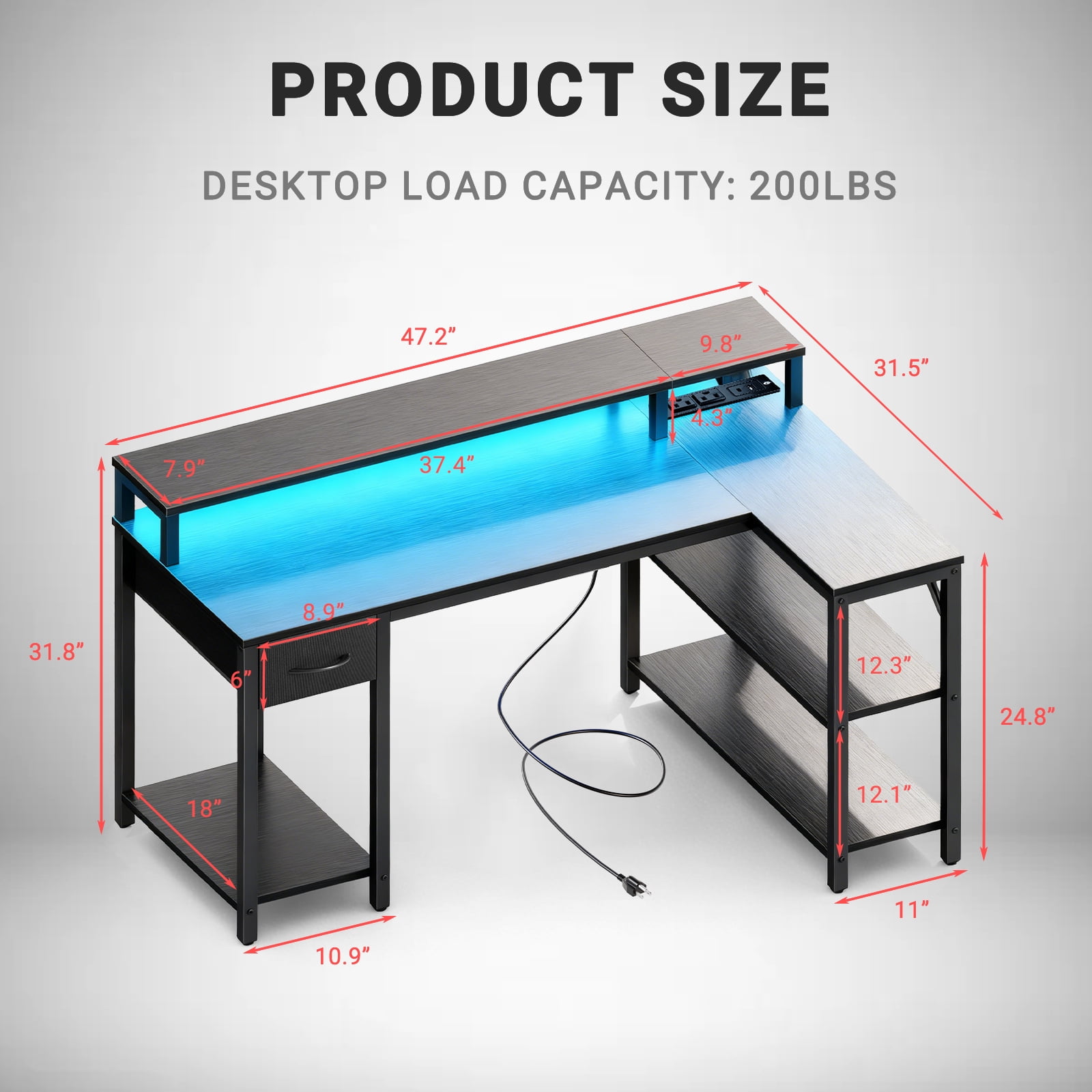 KPUY 47” Reversible L Shaped Gaming Desk with USB Charging Ports, LED Light and Monitor Stand, Corner Computer Table with Power Outlets, Storage Shelves, Black