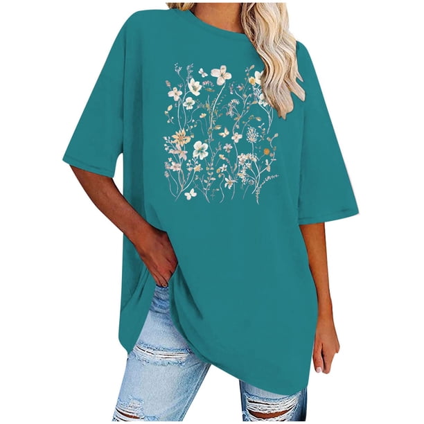 Camisetas de Manga Corta para las Mujeres Impreso Cuello Redondo Suelto Camiseta, Casual Cuatro Estaciones Blusa para el Hogar