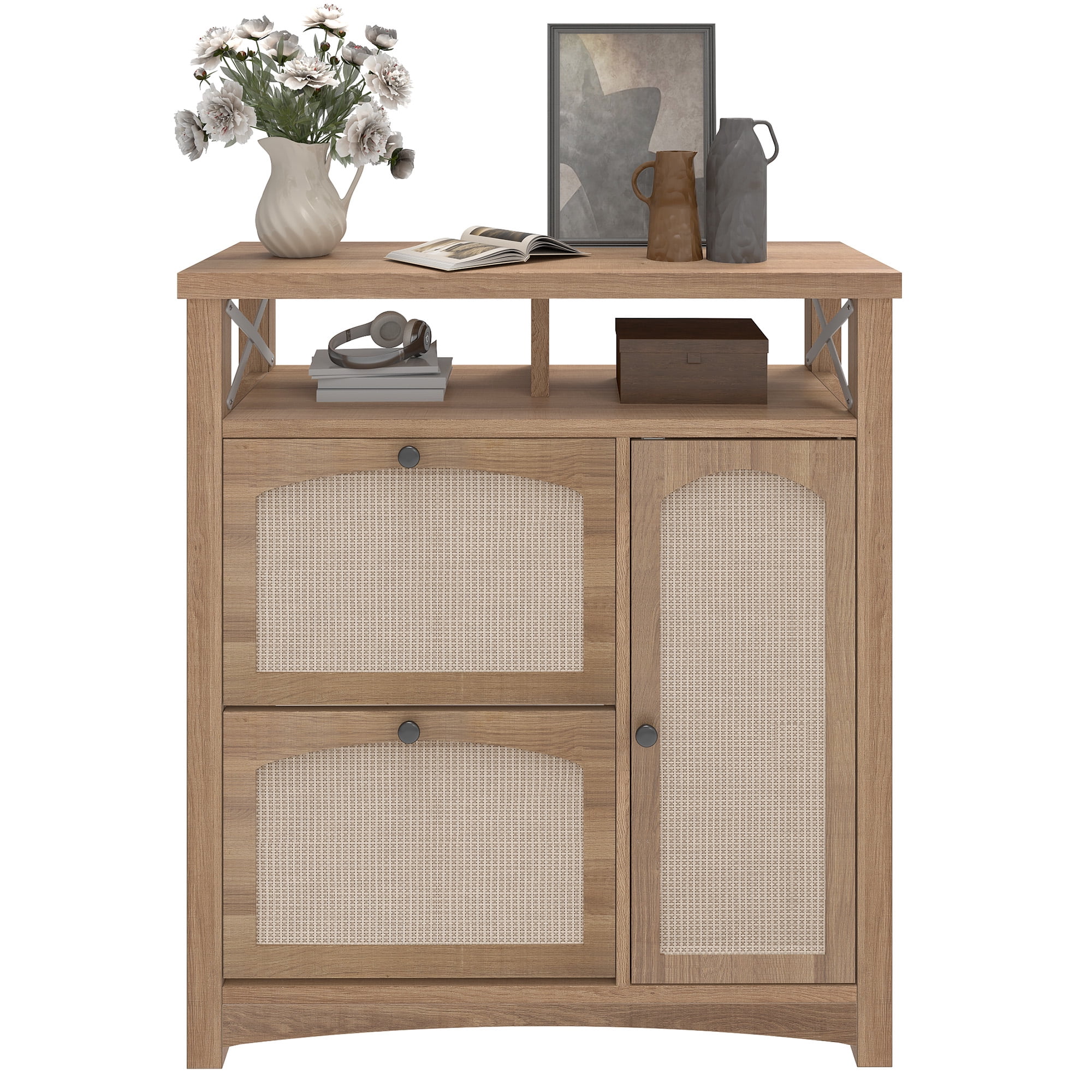 Uforic Shoe Cabinet with 2 Flip Drawers & Door, Farmhouse Shoe Organizer  Rack with Open Shelf, Oak