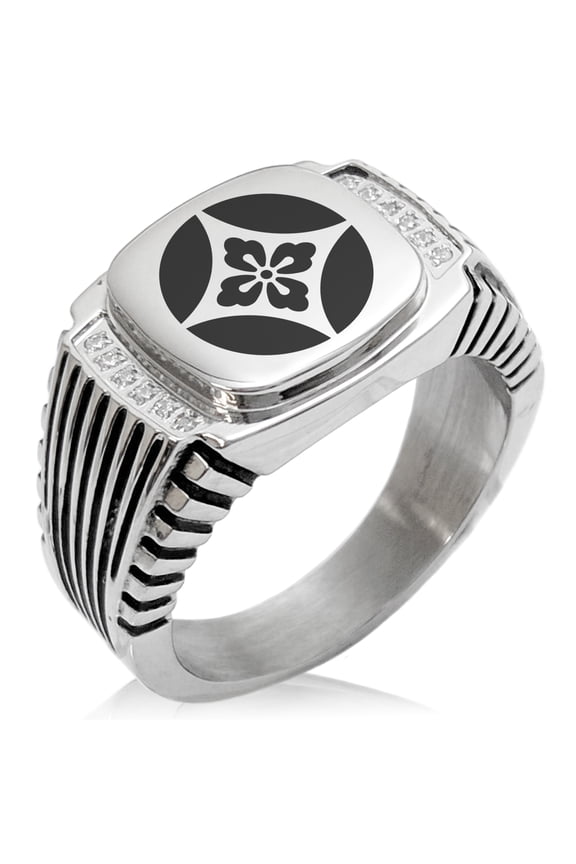 Stainless Steel Takahashi Samurai Crest CZ Ribbed Needle Stripe Pattern Biker Style Polished Ring