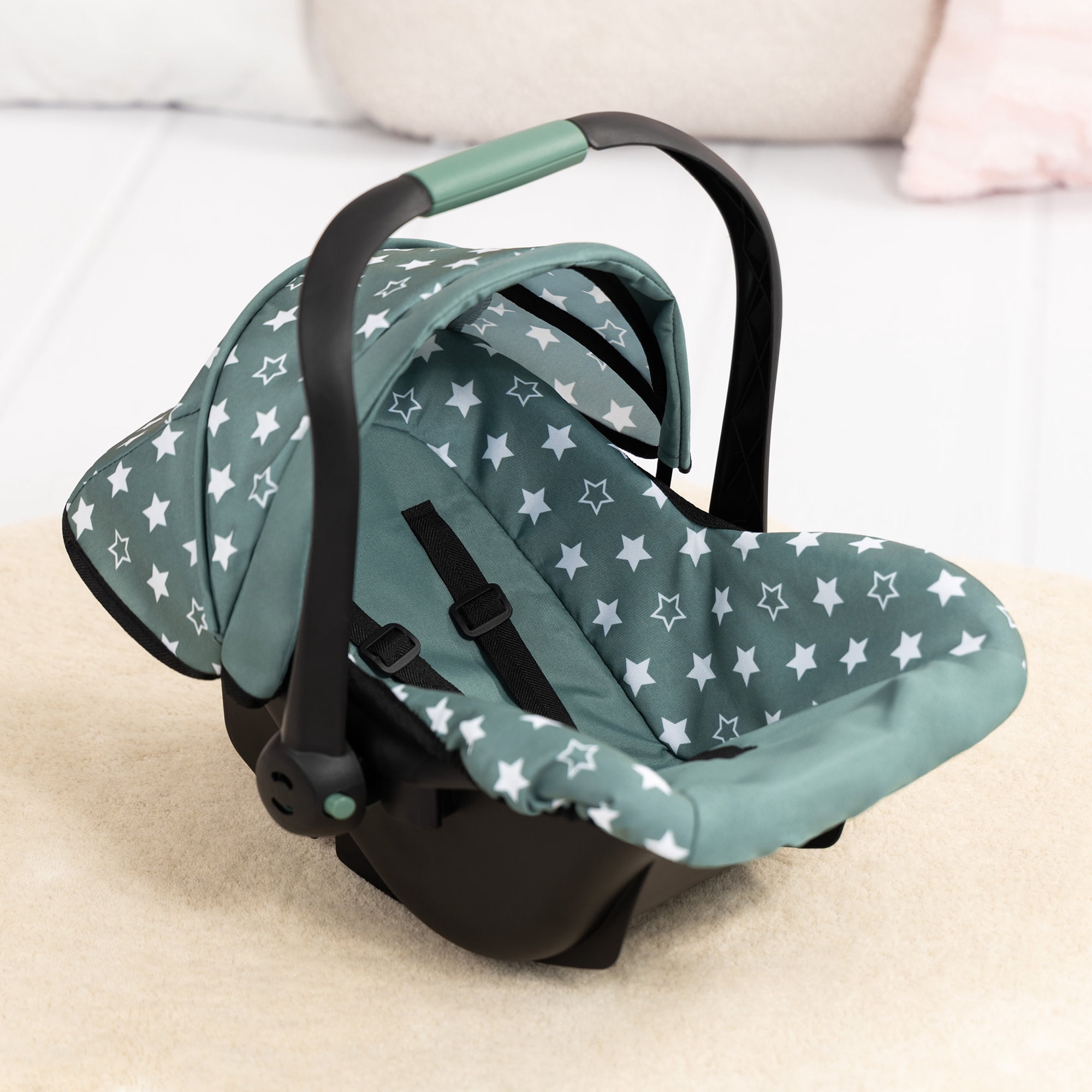 Bayer Design: Doll Deluxe Car Seat - Green-White-Star - Portable Travel Carrier For Dolls Up To 18", Sunshade & Carry Handle, Use As Rocker, Kid 3+