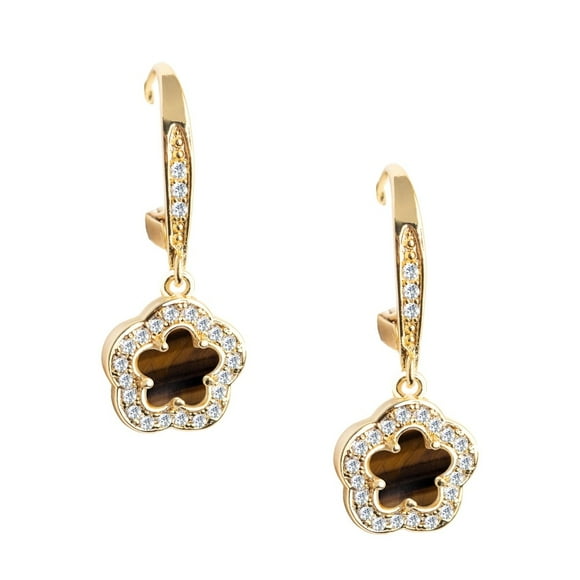 Aretes de gancho ZVEZDA Ojo de tigre amarillo chapa de oro 18k 42 circonias