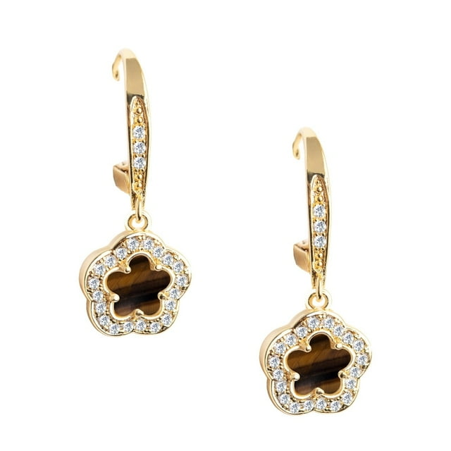 Aretes de gancho ZVEZDA Ojo de tigre amarillo chapa de oro 18k 42 circonias