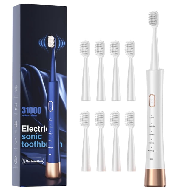 AJELU Cepillo de dientes eléctrico sónico de alta vibración para adultos con temporizador inteligente de 2 minutos, carga rápida que dura mucho tiempo, 5 modos opcionales, 8 cabezales de cepillo de re