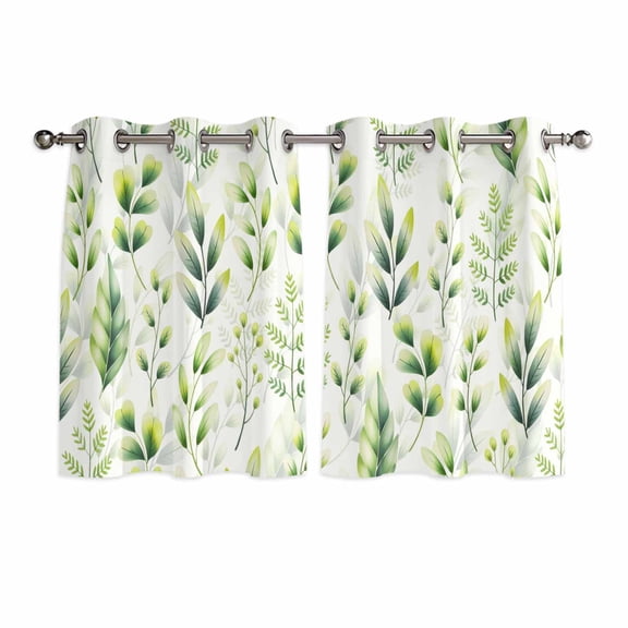 Green Leaves Kitchen Curtains Window Panels, Summer Botanical Farmhouse Leaf Watercolor Insulated Window Treatment Curtain, Grommet Curtains for Bedroom/Living Room/Bathroom, 2 Piece 42"Wx54"L