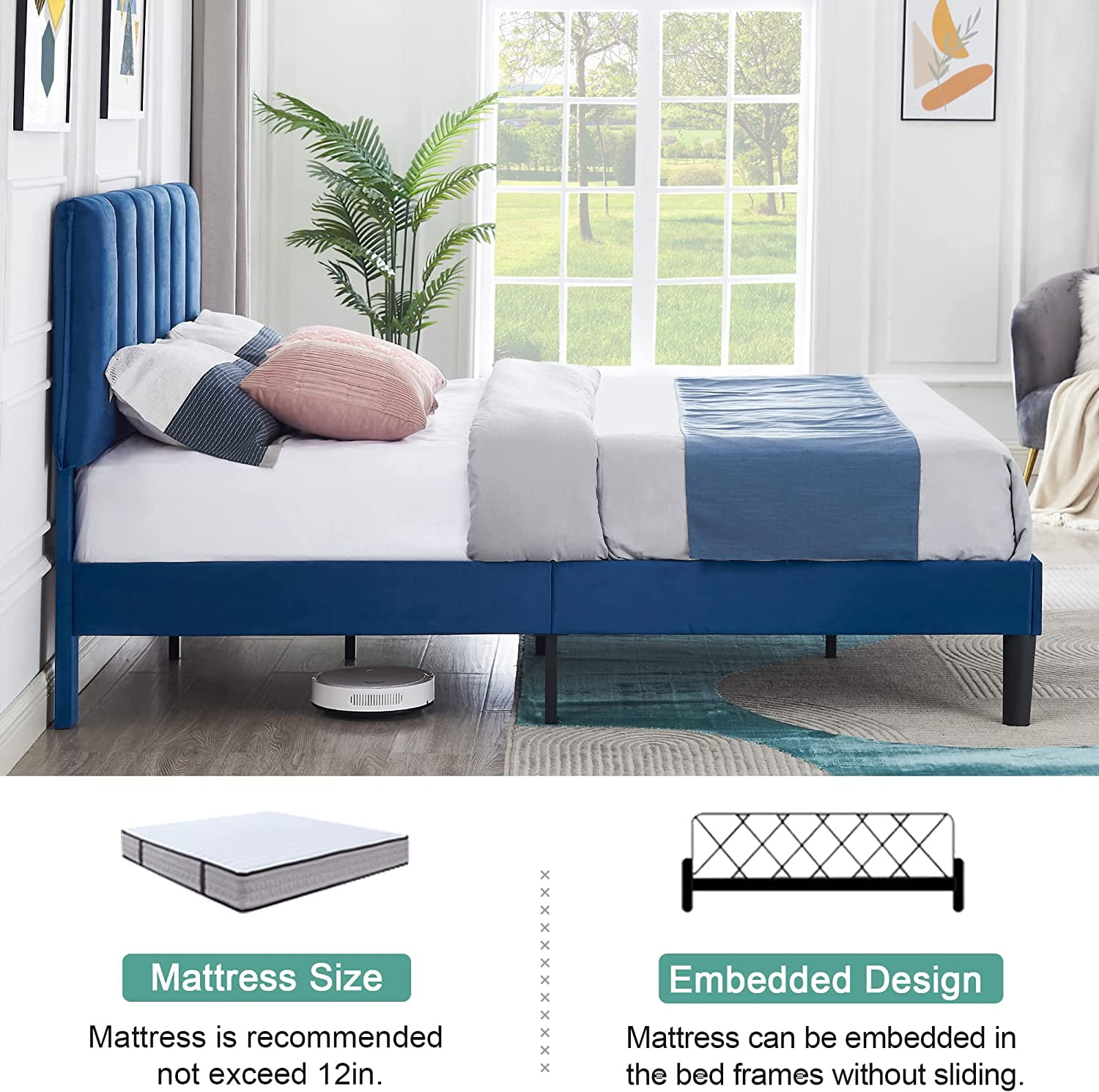 VECELO Queen Size Upholstered Platform Bed Frame, Adjustable Headboard and Wooden Slats Support, No Box Spring Needed/Easy Assembly, Dark Blue