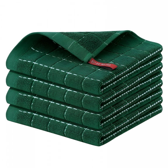 AUQ Cotton Kitchen Towels (12*12 Inches),Checkered Designed,Soft and Super Absorbent Dish Towels,4 Pack - Dark Green