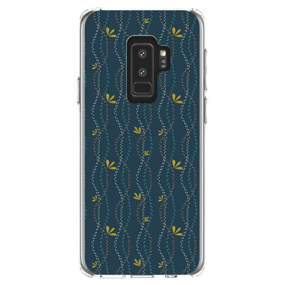 DistinctInk Clear Shockproof Hybrid Case for Samsung Galaxy S9  PLUS (6.2" Screen) - TPU Bumper, Acrylic Back, Tempered Glass Screen Protector - Modern Floral - Wavy, Navy, Pink, Teal