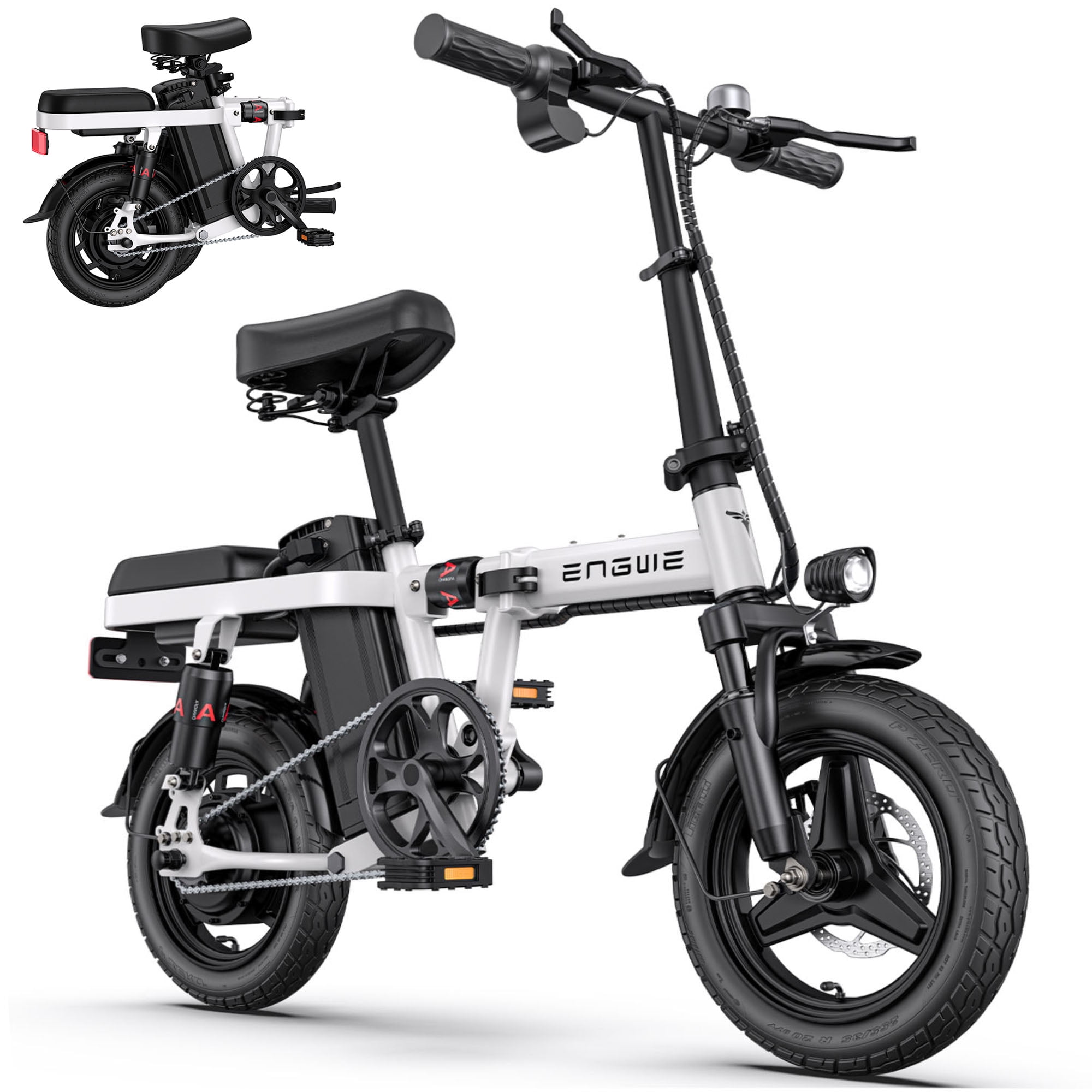 ENGWE T14 Mini Electric Bike for Adults Teens(White), 14" City Commuter Folding Ebike, 350W Motor 48V 10AH Battery Range 37Mile 20MPH Electric Bicycles Shock Absorptions Ebikes