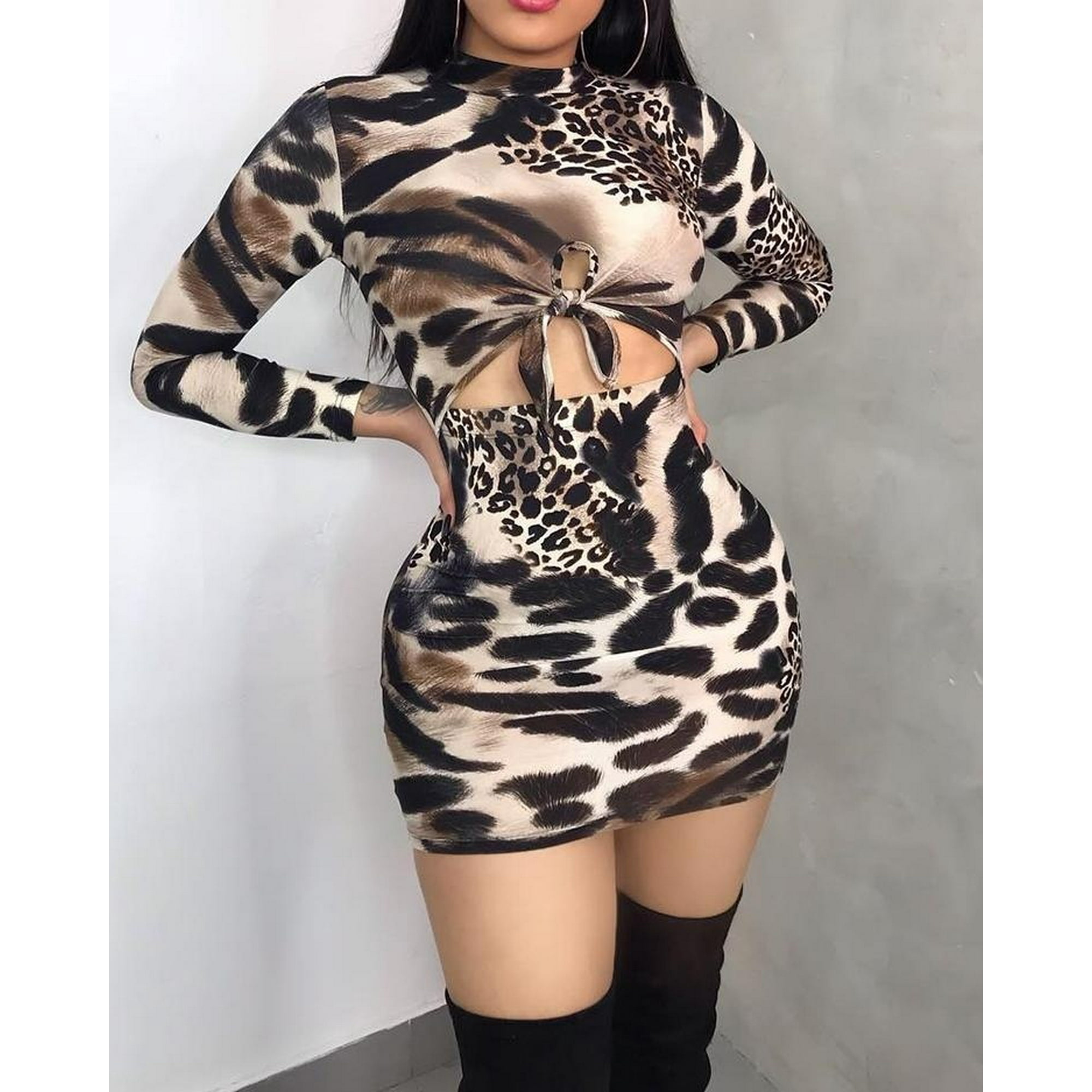 New Women Fashion Leopard Pencil Dress Summer Long Sleeve Hollow Slim Bandage Dresses Lady Chic Party Club Shein Mini Dress Walmart