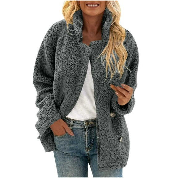 Women Fleece Jacket Button Sherpa Fur Jackets Notch Lapel Coat Thicken Warm Outwear 2025 Fall Winter Clothes Double Breasted Wool Blend Jacket Trendy Outfits Soft Overcoat