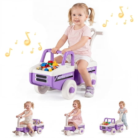 MULTIGOT 4 in 1 Ride on Push Car,Sliding Walking Car w/Trailer, Music, Under-Seat Storage Purple