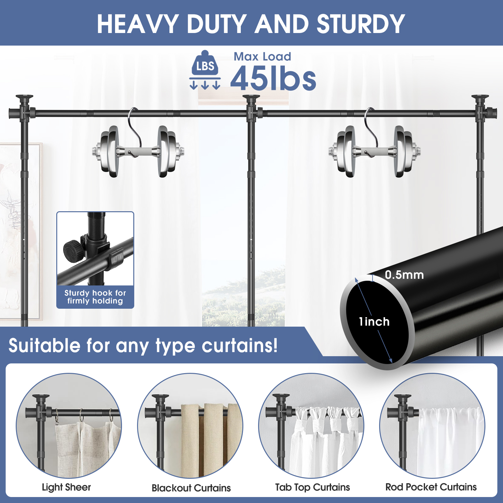 Room Dividers No Drilling Curtain Rod, 4-10ft(H) 29-146"(W) Adjustable Room Separator for Space Partition, Heavy Duty Floor to Ceiling Tension Rod, Black