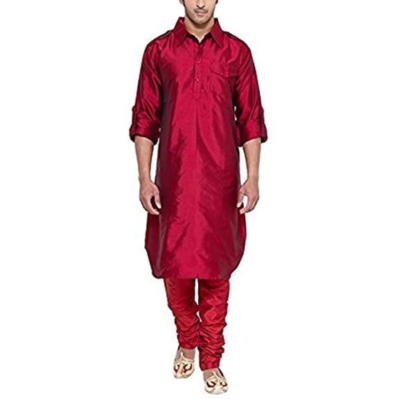 Royal Men's Pathani Silk Blend Kurta & Churidaar Set Red
