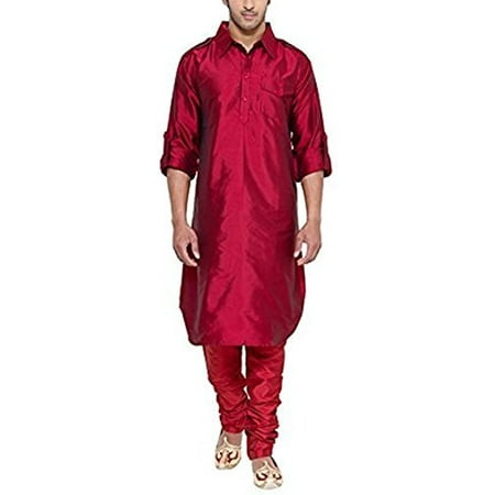 

Royal Men s Pathani Silk Blend Kurta & Churidaar Set Red