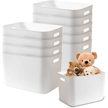 10 Pcs Plastic Storage Bins White Storage Box with Handle, Stackable Storage Containers Organization Baskets for Shelves Drawers Pantry Closet Classroom Bathroom (14.4x10.32x9.5 Inch)