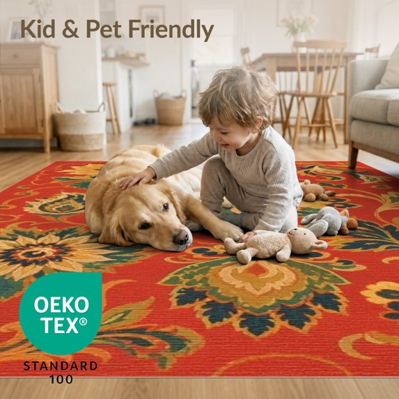 ODIKA 3'x5' Red Gold Vibrant Persian Floral Design Washable Throw Rug Intricate Antique-Inspired Botanical Pattern Stain Resistant, Low Profile, Non-Slip for Entryway, Kitchen, Mudroom