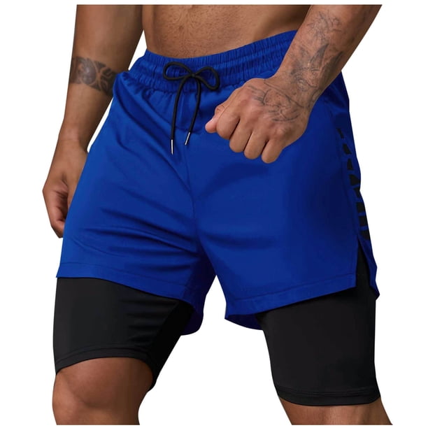 Mens Casual Pantalones Cortos Deportivos de Doble Capa Corriendo con Bolsillo de Cremallera Y Cordón de Cintura, Poliéster Atlético