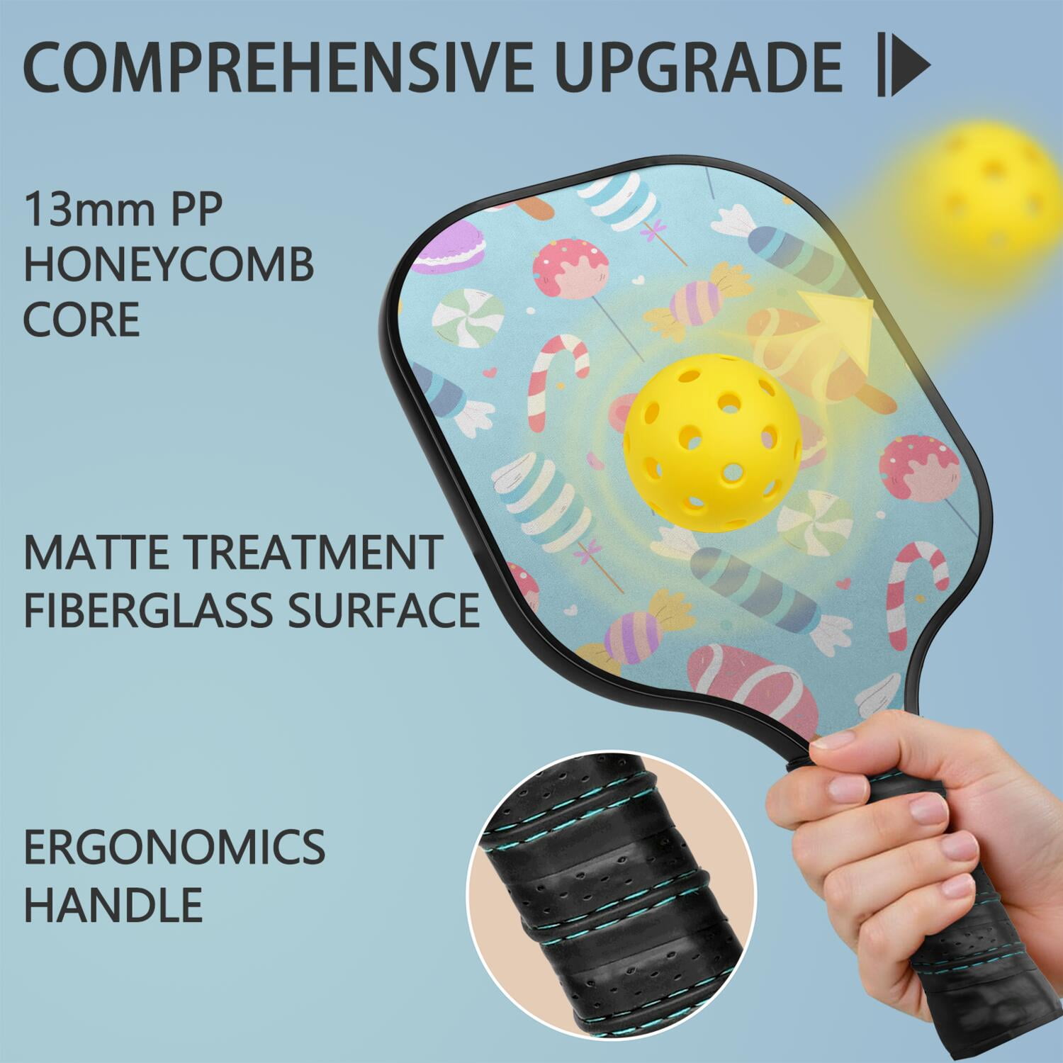 Pickleball Paddles Set Of 2, Fiberglass Surface, Sweet Candy Print, 4 Balls & Bag