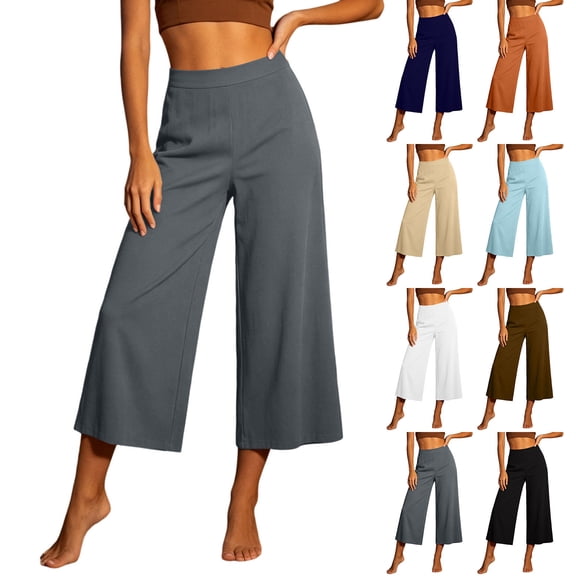 Inverelee Women's High Waist Solid Relaxed Fit Cropped Wide Leg Culottes Lightweight Breathable Casual Capri Pants Navy L