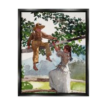 Stupell Industries Children Playing Climbing Tree Traditional Clothing Painting Jet Black Floating Framed Canvas Print Wall Art, Design by Lettered and Lined
