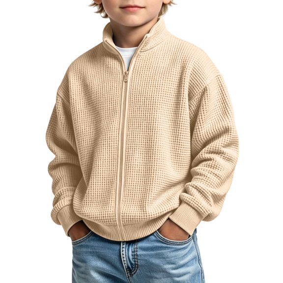 Gytharion Boys Stand Collar Sweatshirts Solid Color Zip Up Jackets Fall and Winter Waffle Casual Warm Long Sleeve Outwear Coats,3T-14T