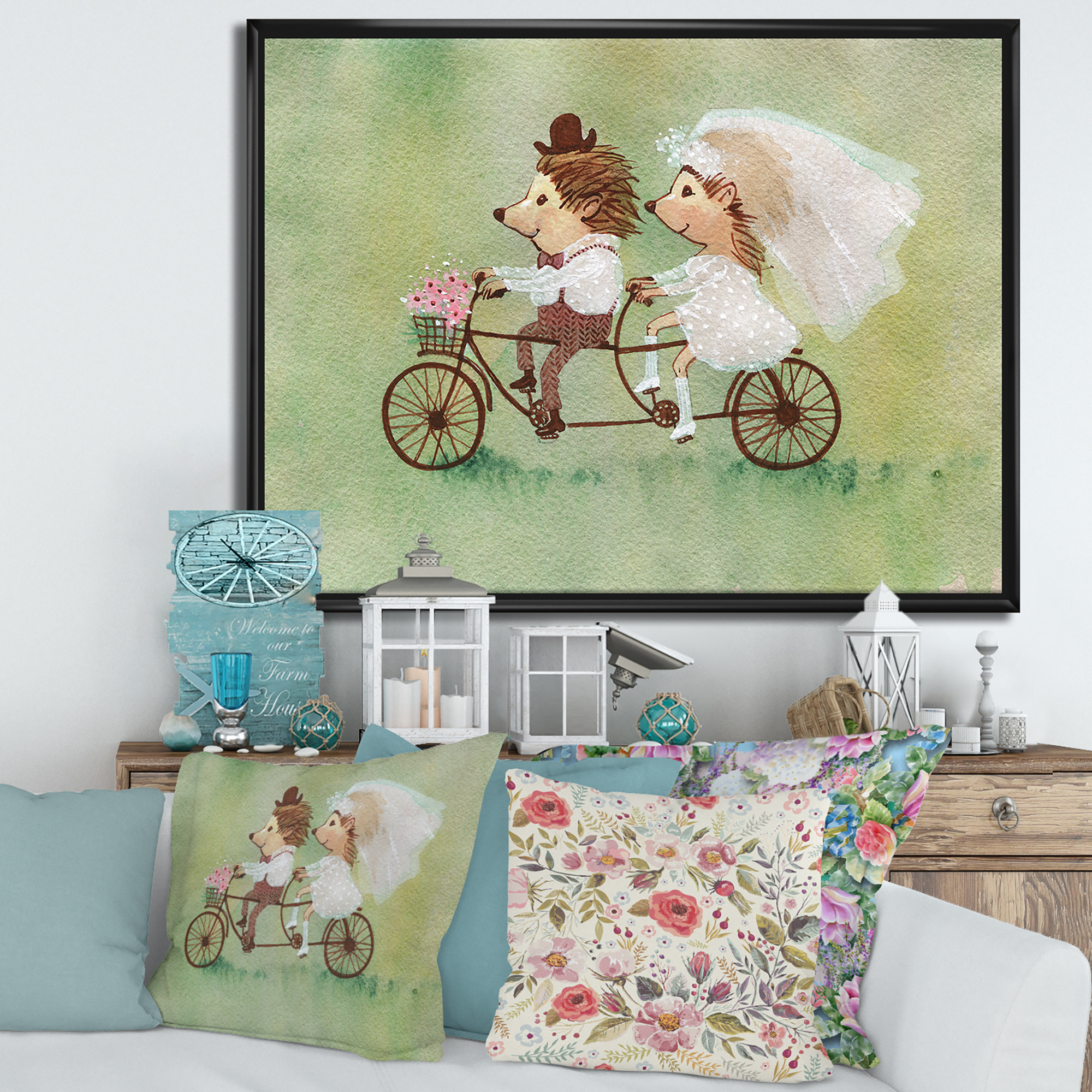 Designart 'Wedding Couple of Hedgehogs Riding A Bike' Traditional Framed Canvas Wall Art Print