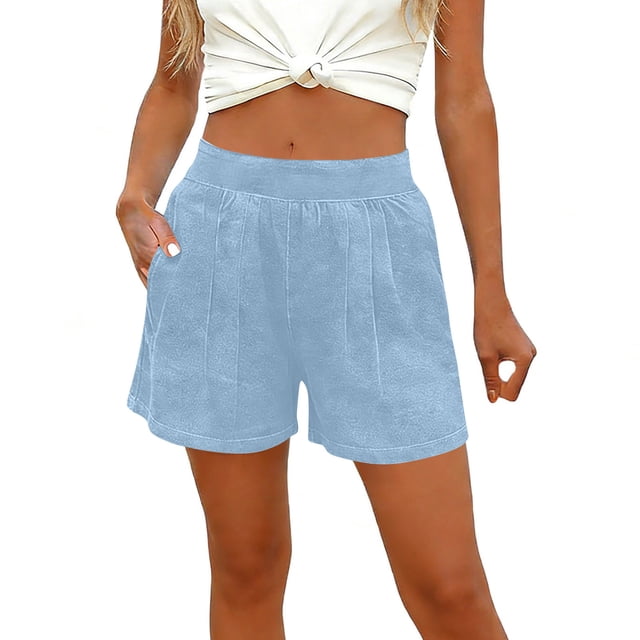 TaTaai Women's Fashion Loose Fit Denim-Like Stretch Shorts Casual Wide Leg Fitness Bottoms with Two Side Pockets Elastic Waist Soft Comfy Versatile Daily & Workout Shorts Gift