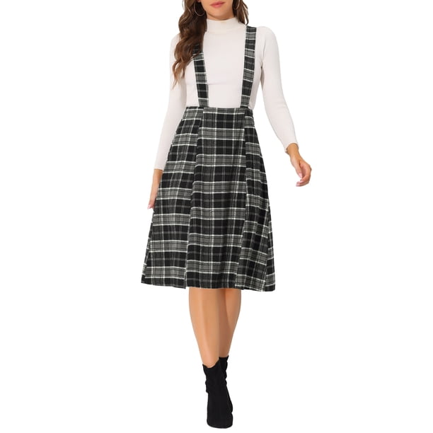Falda de tirantes de tartán para mujer Inspire Chic, vintage, de cintura alta, estilo A-line, midi, vestido overall, negro