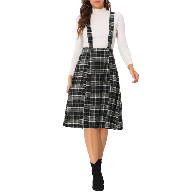 Falda de tirantes de tartán para mujer Inspire Chic, vintage, de cintura alta, estilo A-line, midi, vestido overall, negro