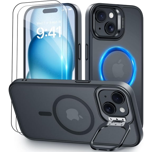 for iPhone 15 Case with Stand, Compatible with Magsafe, Magnetic Phone Case with Kickstand, Military Grade Drop Protection Slim iPhone 15 Case 6.1 inch, Black
