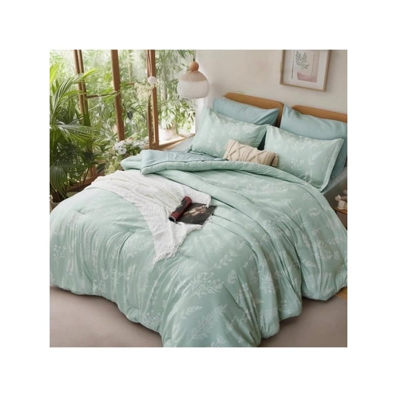 7 Piece Queen Comforter Set Sage Green Floral Bedding Soft Fluffy All Season Bed in a Bag with Sheets Pillowcases and Shams