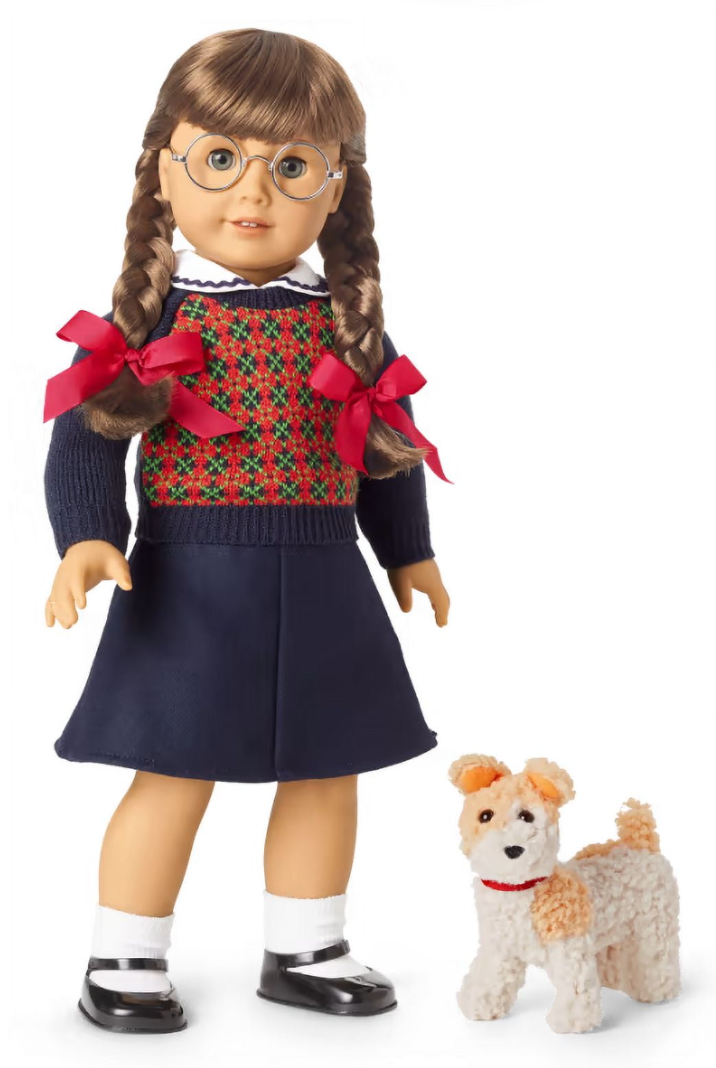 American Girl Doll Pet, Plush Brown-and-White Dog with Red Ribbon
