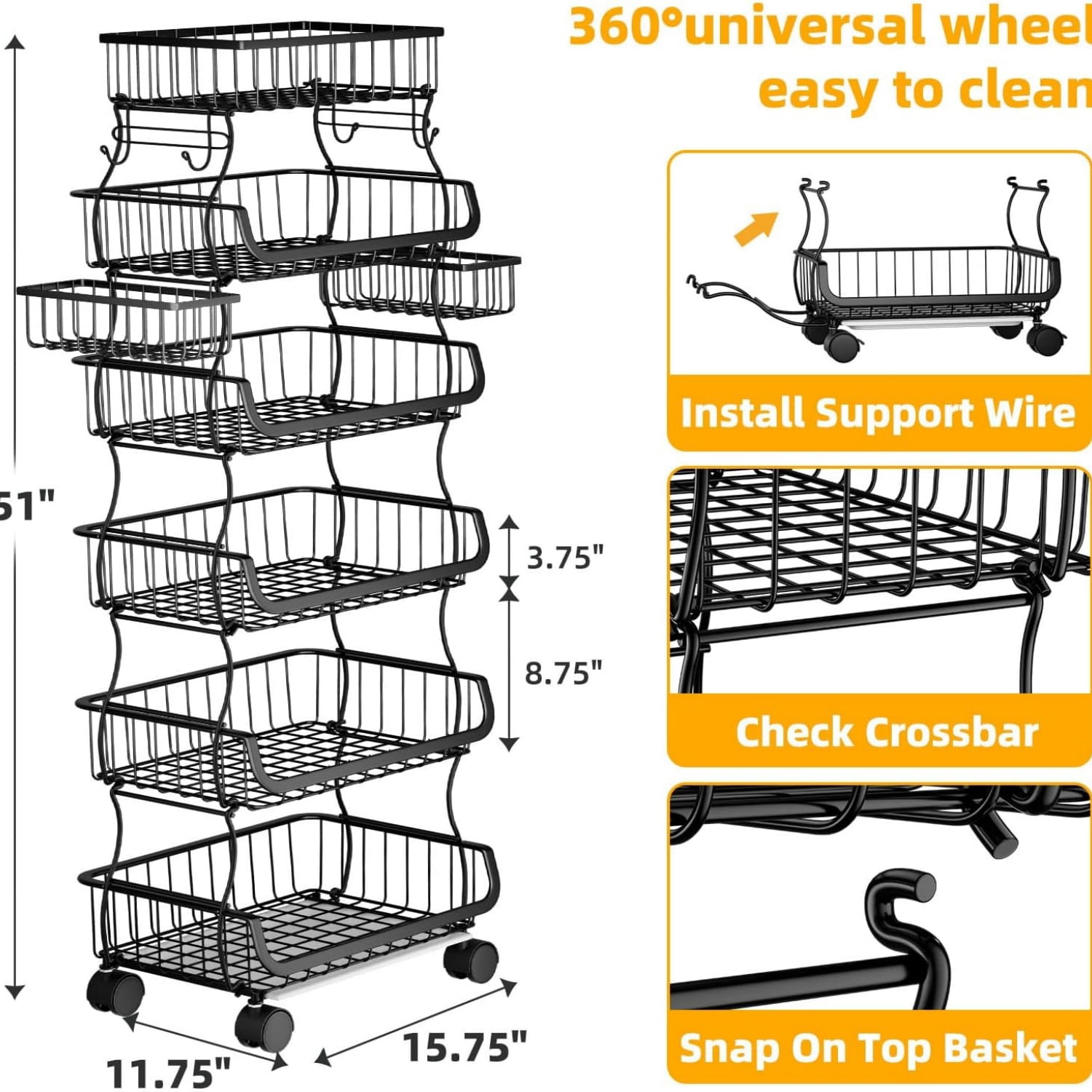 6 Tier Rolling Cart, Stackable Fruit Vegetable Basket with Wheels and 2 Hanging Basket, Kitchen Storage Metal Wire Basket Stand for Vegetable Bread Snacks, Black