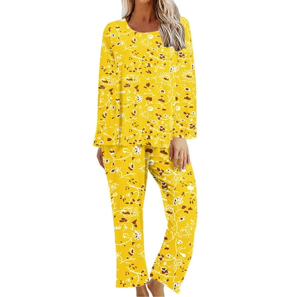 Teissuly Pyjama pour Femmes Impression Col Rond Manches Courtes Sleepshirt et Pantalon Sets Loungewear Pyjama avec Poches