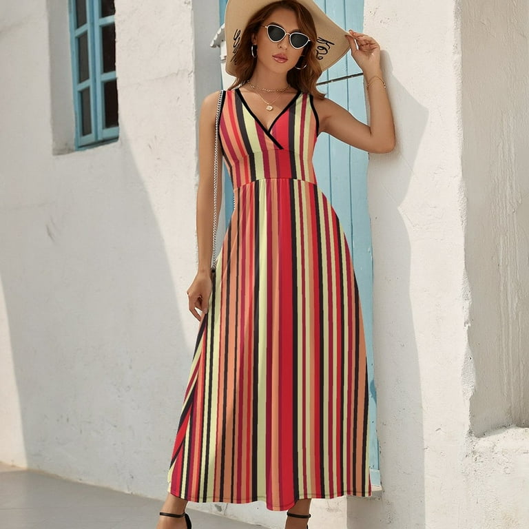Maxi Dress Yellow Red Black Striped Dress Female Abstract Art Trendy V Neck  High Waist Korean Fashion Boho Beach Long Dresses - Walmart.com