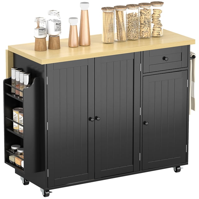 CoSoTower Kitchen Island Cart, Rolling Kitchen Island Table with Drop Leaf, Drawer, Spice and Towel Rack, Black