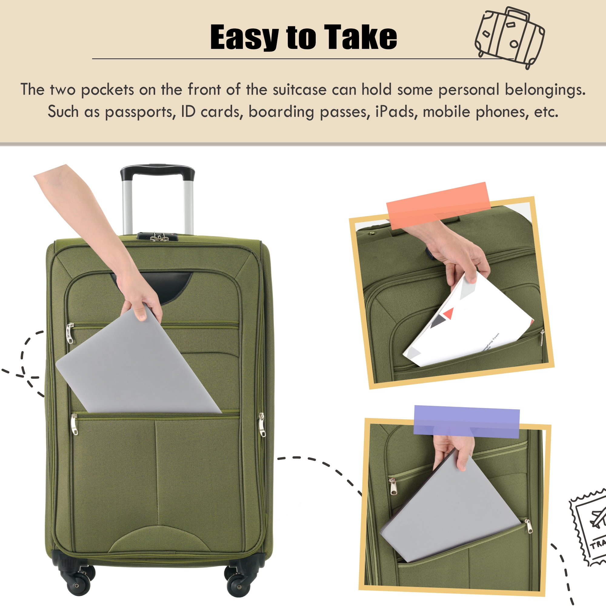 Softside Luggage 5 Piece Set, 20"/24"/28" Carry-on Luggage, Softshell Checked Luggage, Lightweight Suitcase Travel Set