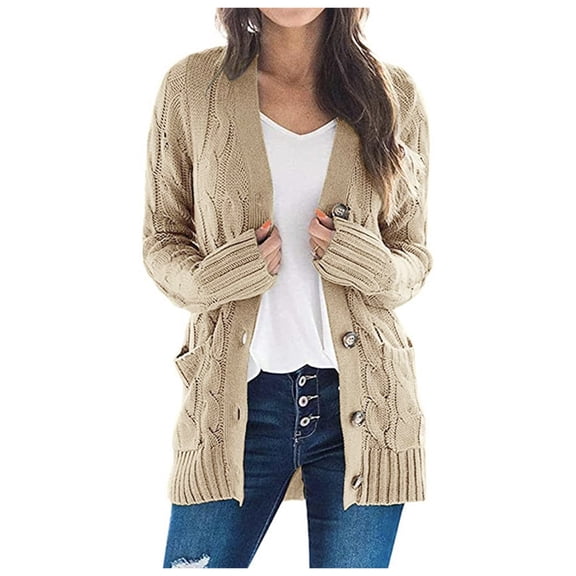 Wenini Sweaters for Women Plain Long Sleeve Knit Sweaters Coat Fashion Loose Comfy Open Front Cardigan Knit Outerwear Coat with Pocket on Clearance Khaki s